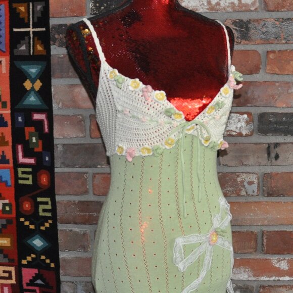 Romantic Lacemade Honeygreen Manor Knit Dress Crocheted Flowers S - Picture 2 of 14